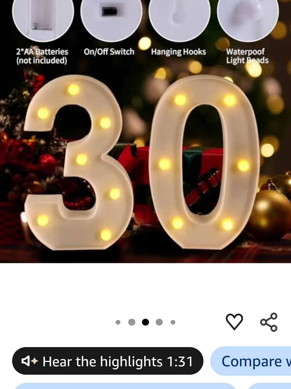 LED Marquee Number '30' Light - White Warm Yellow Bulbs